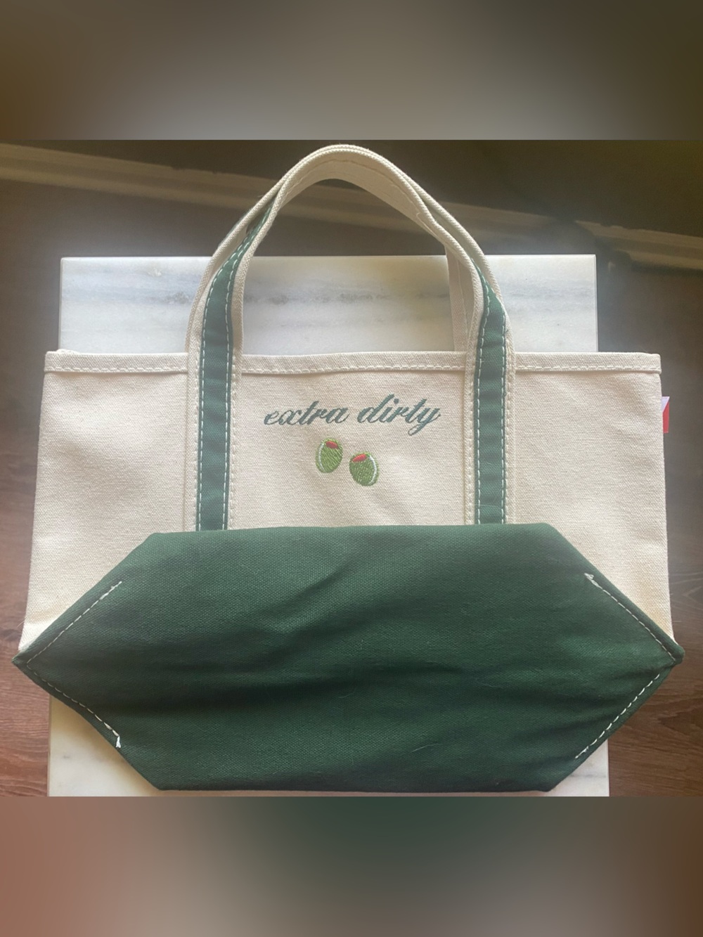 Canvas Tote Bag in Cream and Dark Green with 'extra dirty' Embroidery